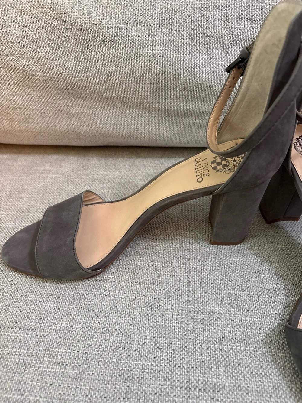 Vince Camuto Gray Taupe Suede Ankle-Strap Block Heels